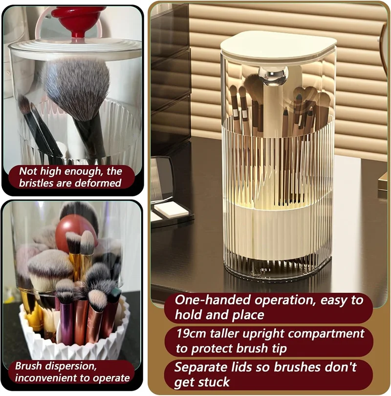 メイクブラシ収納自動昇降メイクブラシホルダー防塵蓋付き片手プレス化粧品収納ボックスブラシ用
