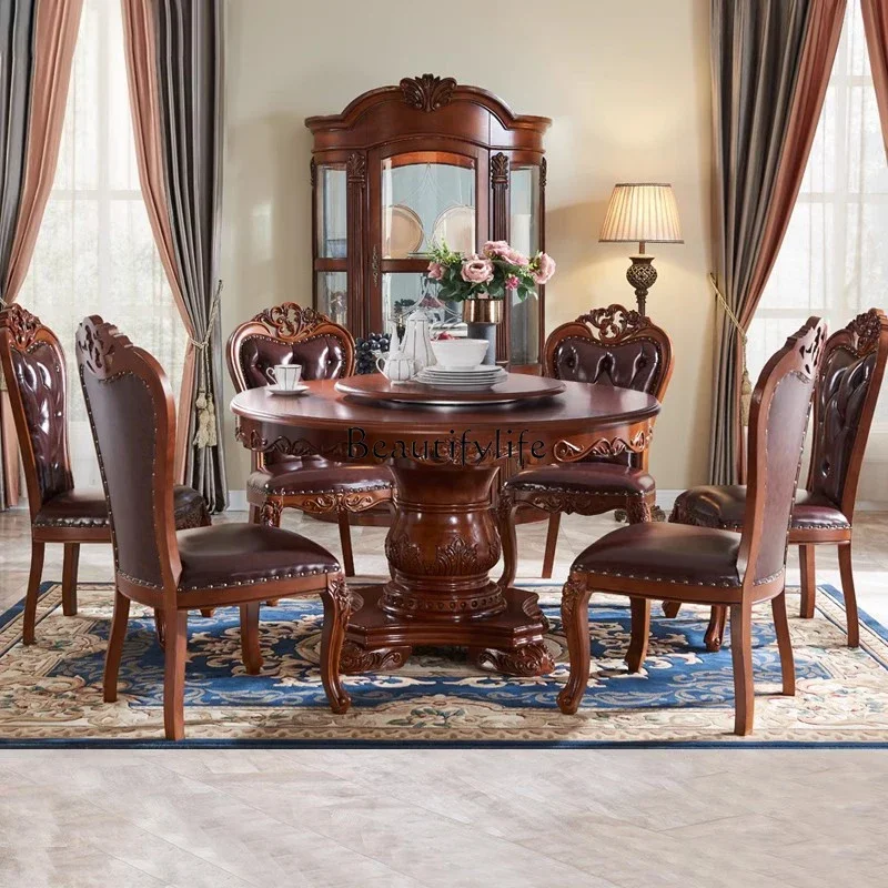 

LAmerican solid wood round dining table retro carved marble round table