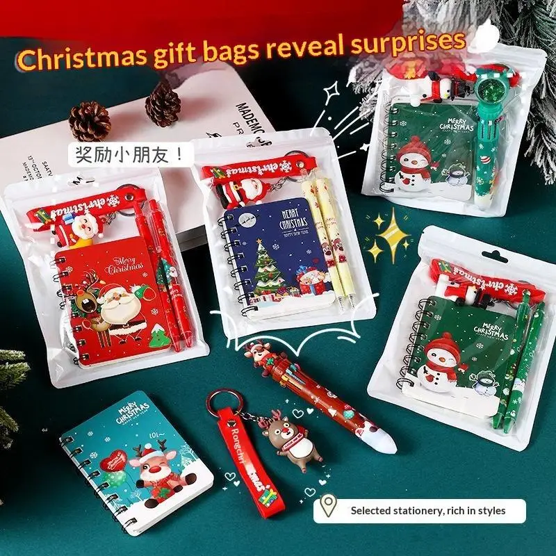 3-in-1 Christmas Stationery Set Adorable Snowflake Santa Design Notebook Pen Keychain for Office School Xmas Gifts