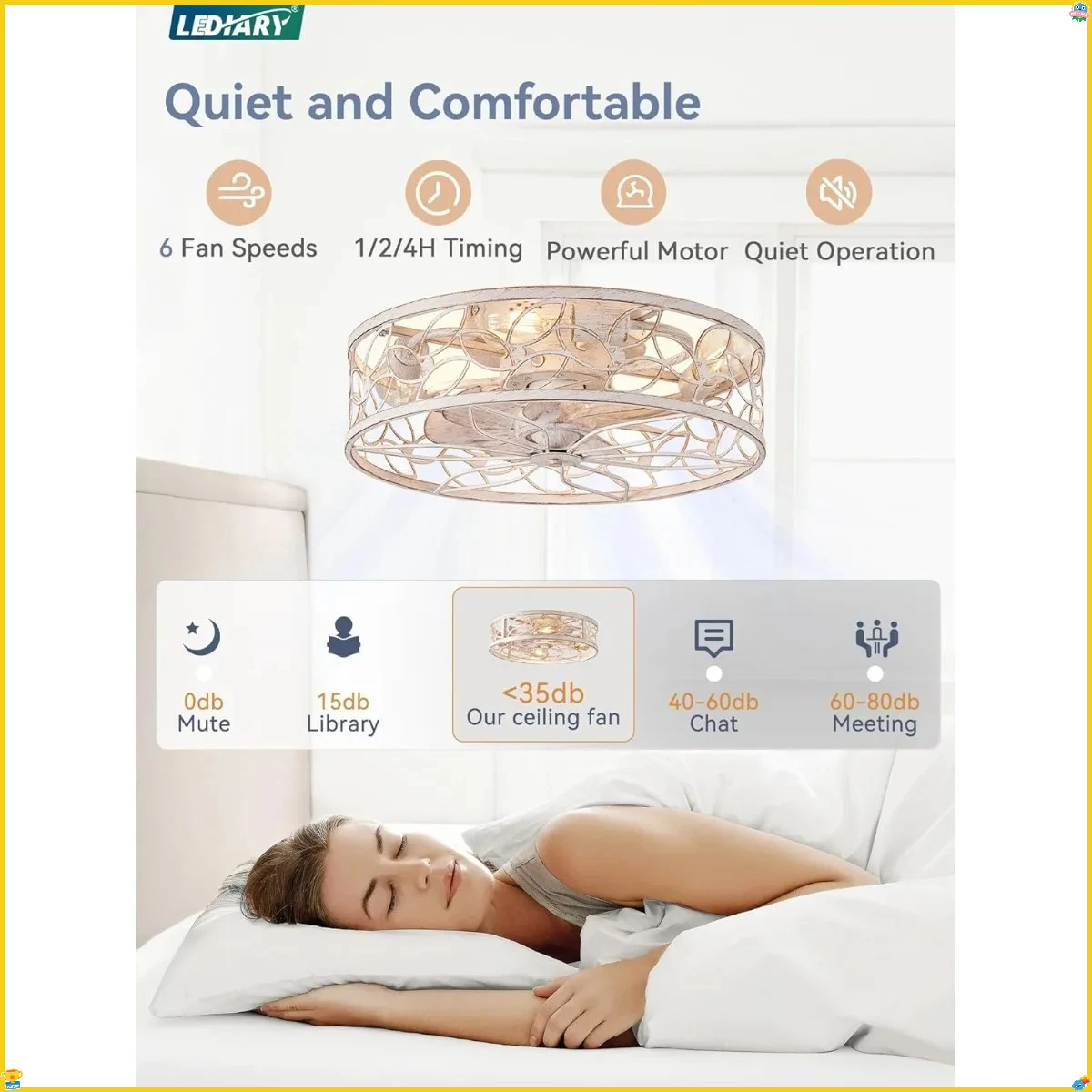 조명이 있는 케이지형 날개 없는 천장 선풍기, 플러시 마운트 저프로파일 리모컨 소형 화이트 팬 침실 주방 실내용