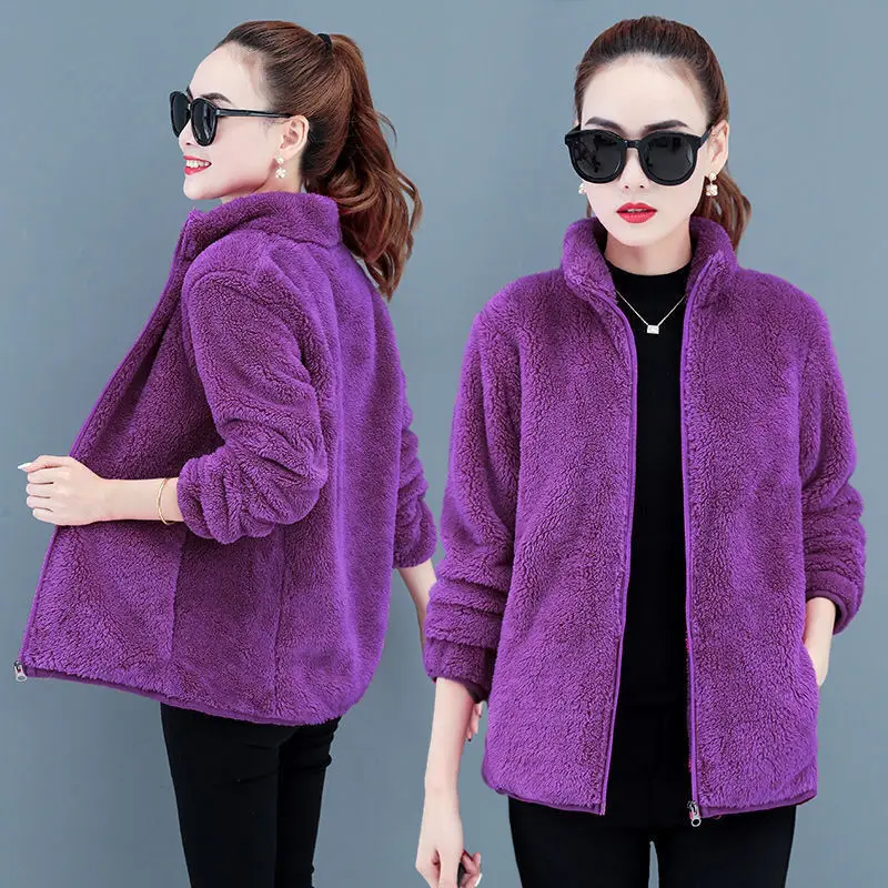 Daily Leisure Autumn Winter Clothes Women Short Double-sided Polar Flannel Coat Thicken Fleece Zipper Jacket Women Sweatshirt