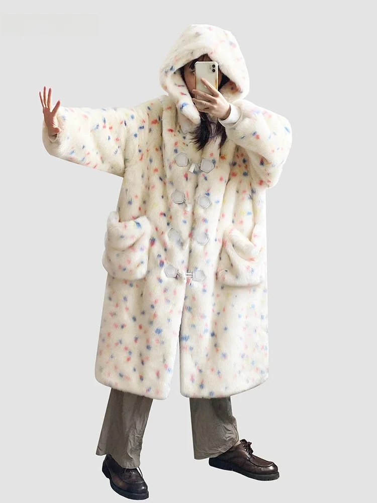 Nerazzurri Fashion Print Cute Plush Long Coat Loose Environmental Leather Fur Collar Button Youthful Style Women's Coat
