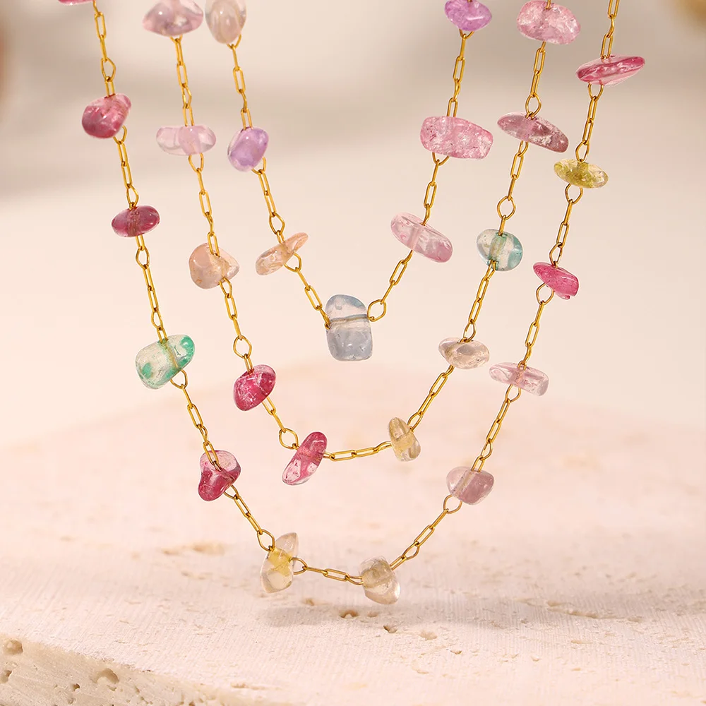 

Colorful Pink Necklace Bracelet Women Set Stainless Steel Natural Stones Beaded Pendant Female Necklaces Luxury Jewelry Gift
