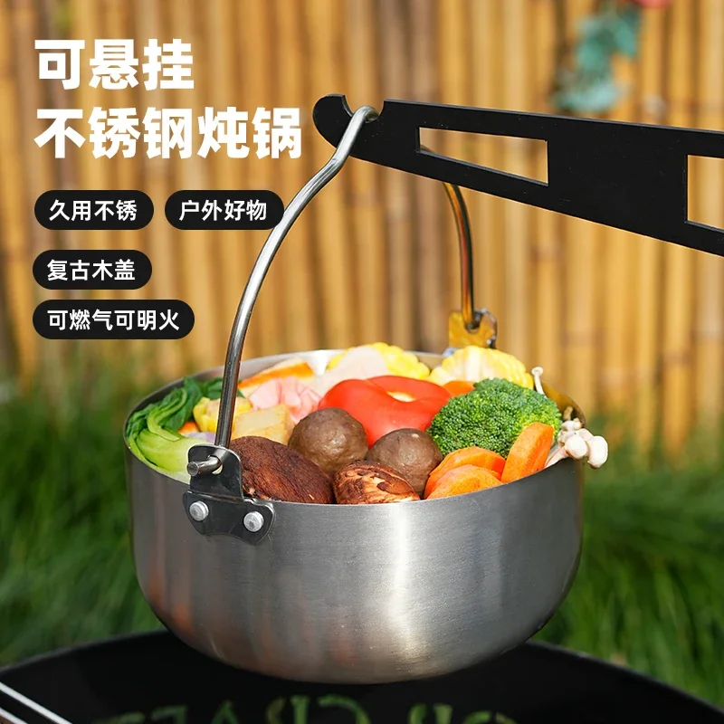 Outdoor Craftsman Hanging Pot 430 Stainless Steel Camping Picnic Cookware BBQ Pot Household Soup Pot Boiling Water Self-driving