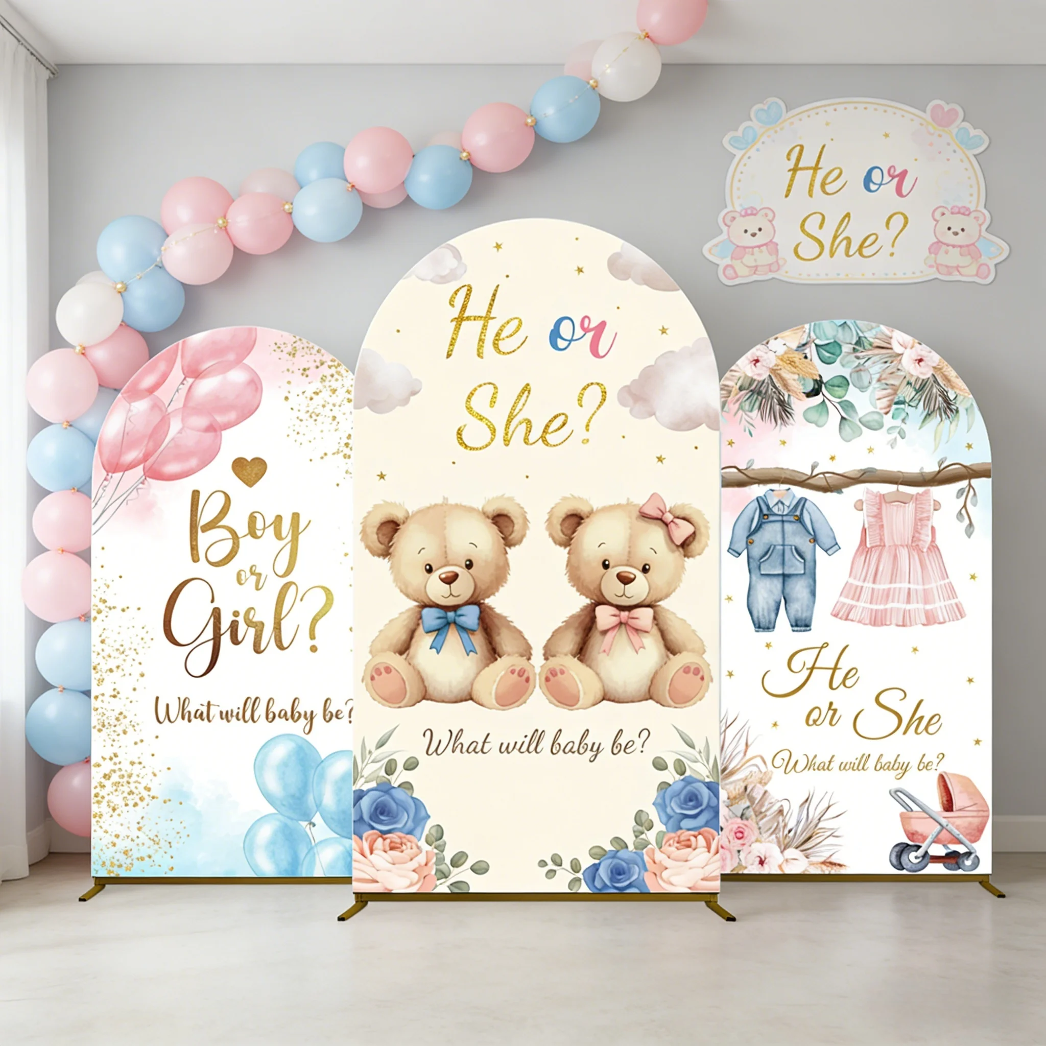 

Фон для фотосессии на тему пола ребенка: арка, медвежонок, розовые и голубые шары, для мальчика или девочки, детский портретный фон для фотографий