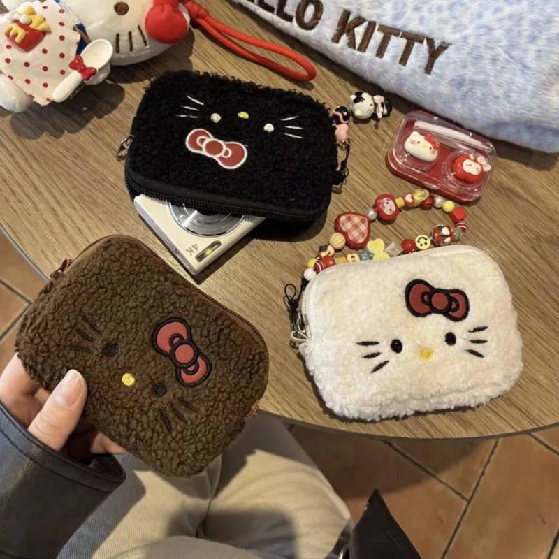 

Hello Kitty New Original Sherpa Embroidered Pouch CCD Camera Cosmetic Bag Sanitary Pad Holder Cute Large Capacity For Women Girl