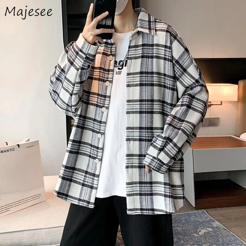 

Ling Sleeve Shirts Men Plaid White Clothing Рубашки Design Streetwear Handsome Casual Autumn Japanese Stylish BF Cool Chic Cozy