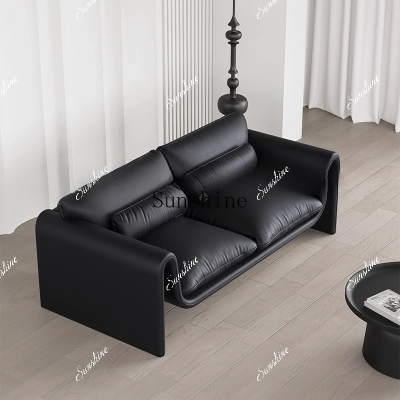Small apartment living room simple double light luxury three-person black leather Italian sofa combination  FT