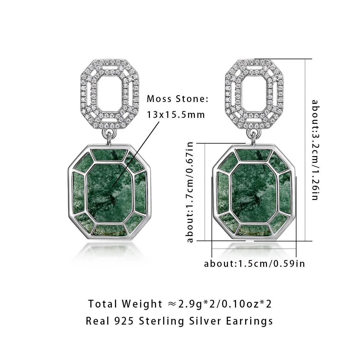 AliMoss 기하학 컷 이끼 마노 드롭 귀걸이, 925 스털링 실버 큐빅 지르콘 댕글 귀걸이, 여성 선물, 13*15.5mm 