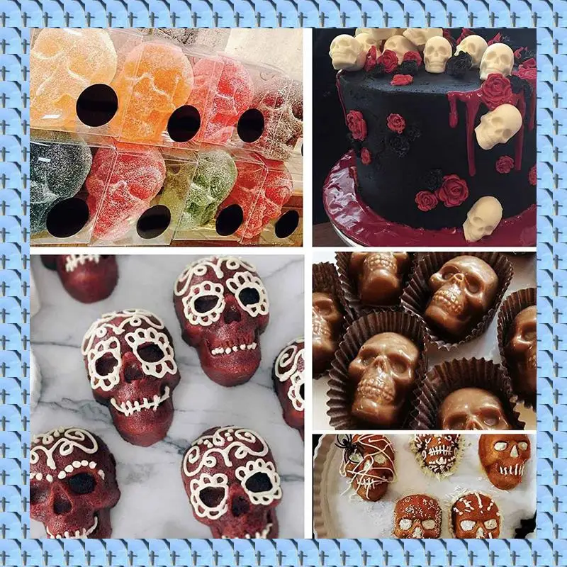 NOCM 4Pcs Gummy Skull Candy Molds Silicone,Chocolate Gummy Molds With 2 Droppers Nonstick Food Grade Silicone For Candy Blue