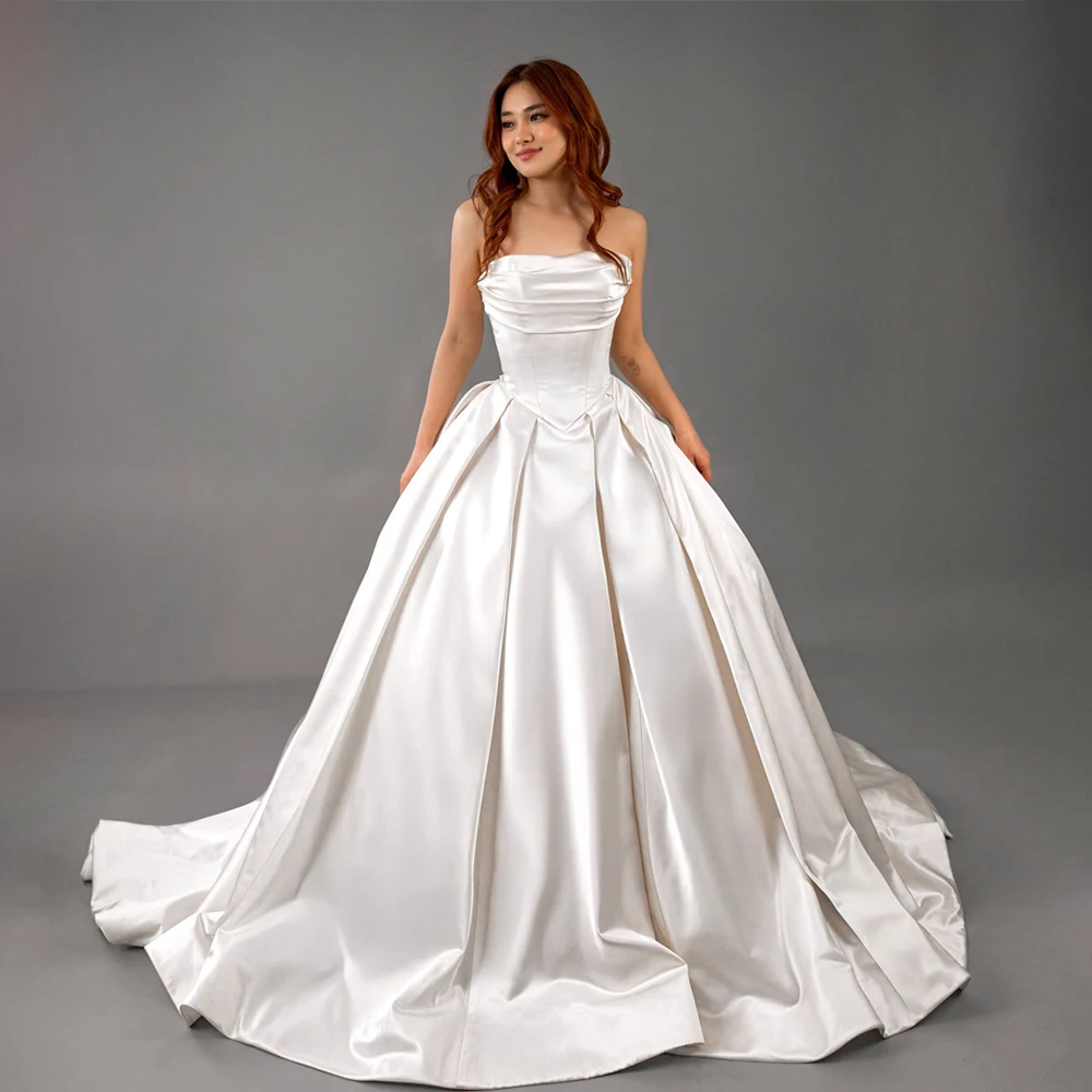 

Strapless A-line Wedding Dress Satin Bridal Dresses For Wedding Customized Back Corset amanda brides vestidos de novia