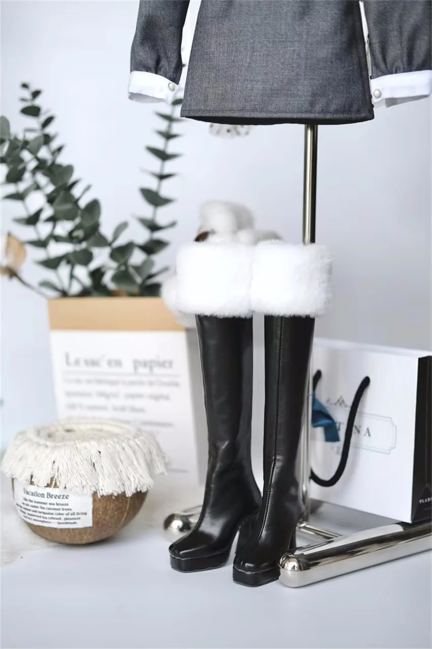 

Обувь для кукол BJD/SD/DD/AS 1/3 глянцевые черные элегантные кожаные ботинки до середины икры с квадратными меховыми краями для девочек, аксессуары для кукол на толстом высоком каблуке