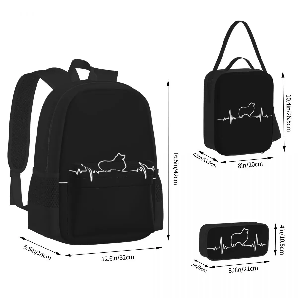 Minimalist Heartbeat Shetland Sheepdog Backpacks Students School Bags Kids Rucksack Lunch Bag Pen Bag Three-Piece Set