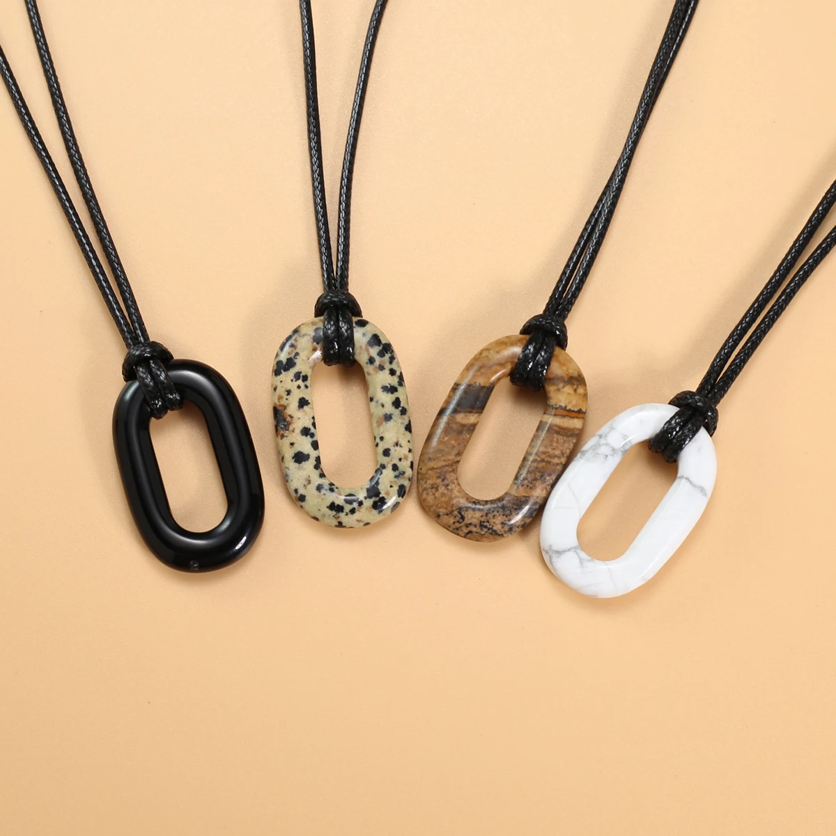 Natural Stone Circle Pendant Necklace Black Agate Dalmatian Jasper Charms Leather Cord Necklaces Women Jewelry Accessories Gift