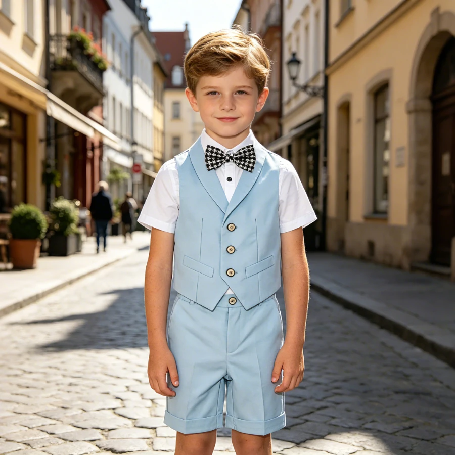 Kids Boys 4Pcs Summer Formal Outfit Light Blue Vest, Short Sleeve Shirt, Shorts & Houndstooth Bow Tie for Birthday & Photoshoot