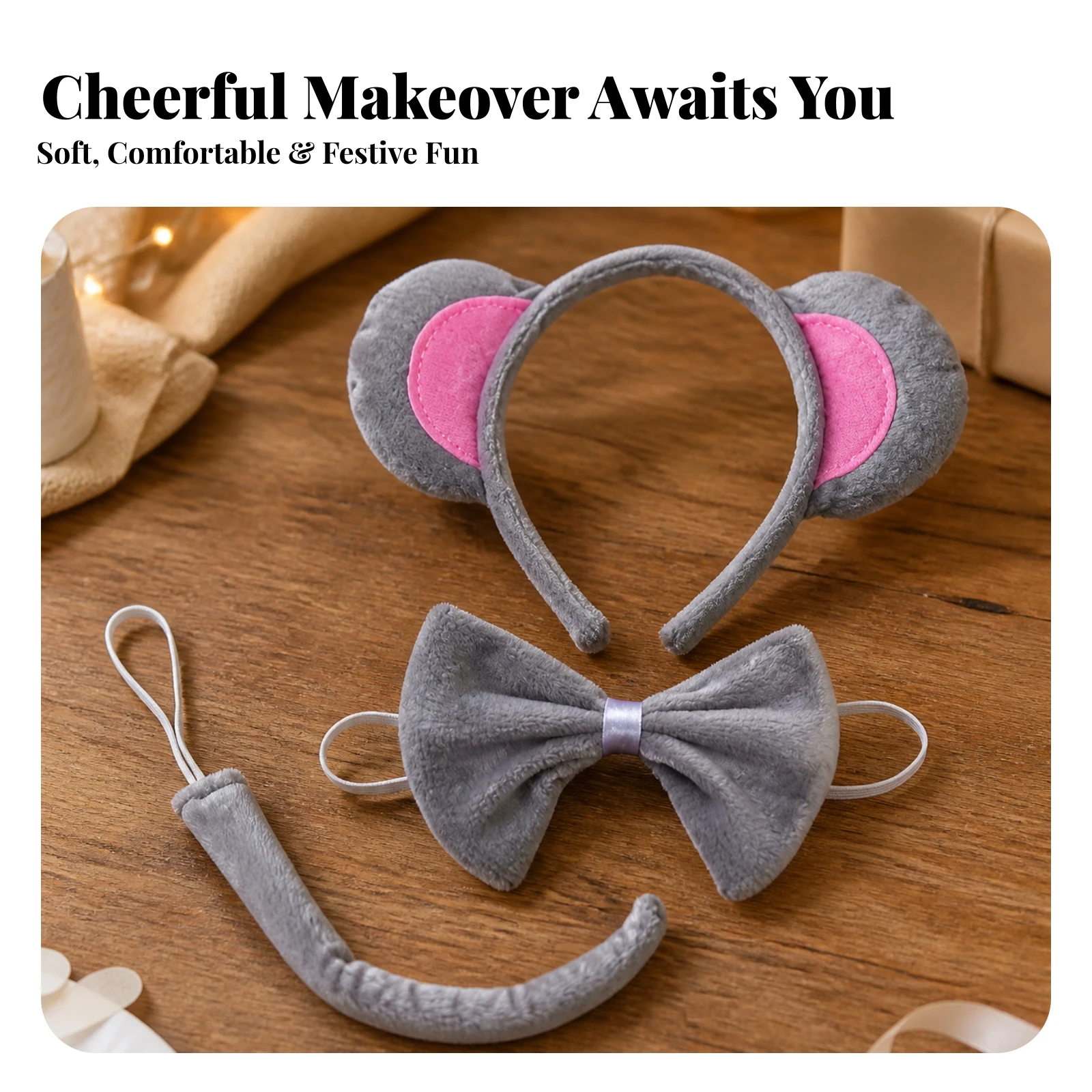 Mouse Costume with Ears and Tail Comfortable Mouse Ears Headband with Tail Accessory Gray Padded for Adults