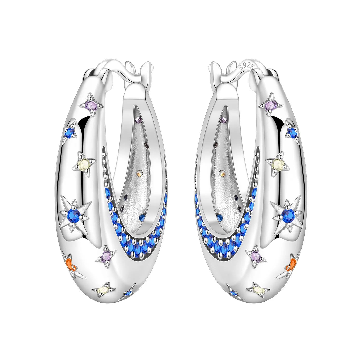 CYCUFF S925 Sterling Silber Bunte Stern-Mond-Ohrringe Creolen Damen Schmuck Original Party Trendy Jubiläumsgeschenk
