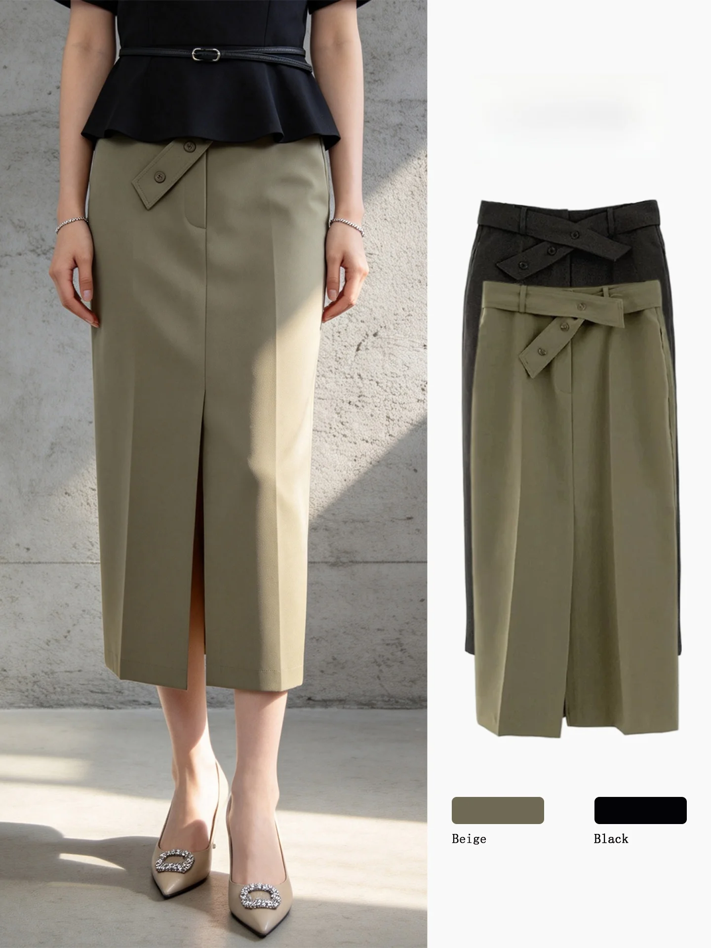 High Waist Straight Cut  Skirt Women's Summer New Style Commute Slimming Suit Skirt Pencil Skirt with Slit Polyester Fiber
