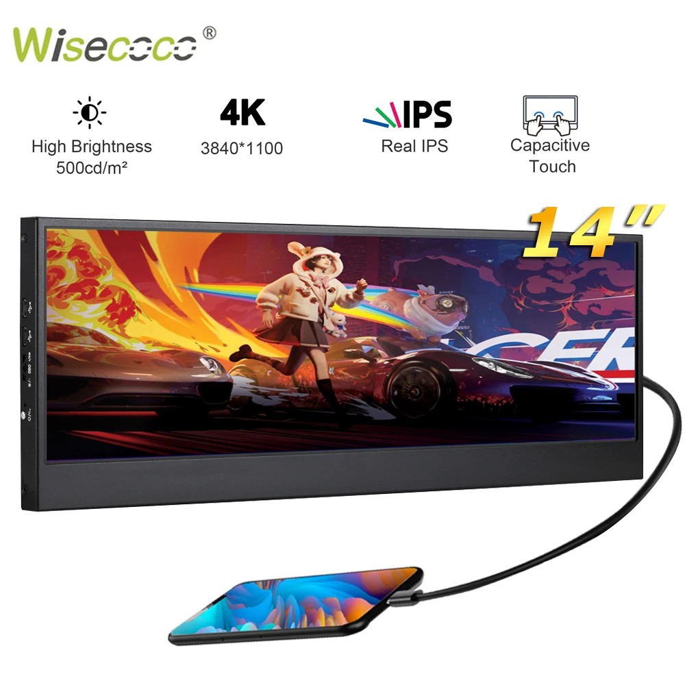 Wisecoco 14 "4K UHD 3840x110 0 przenośny Monitor IPS ekran dotykowy LCD pasek monitora do komputer stancjonarny obudowy GPU Aida64