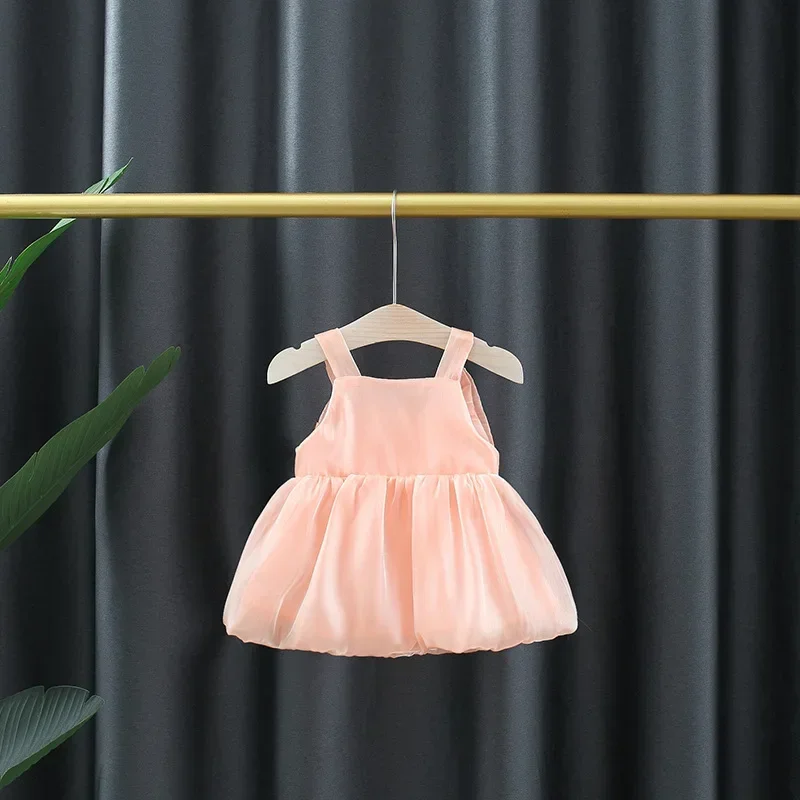 Girls Summer New Solid Color Mesh Bow Strap Dress Girl Baby Fluffy Dress Newborn Princess Dress