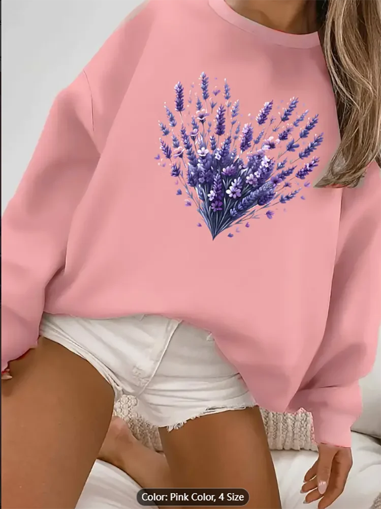 

Womens Pink Sweatshirt Lavender Heart Graphic Print Casual Oversized Pullover Top for Nature Lovers Pure Cotton Comfortable
