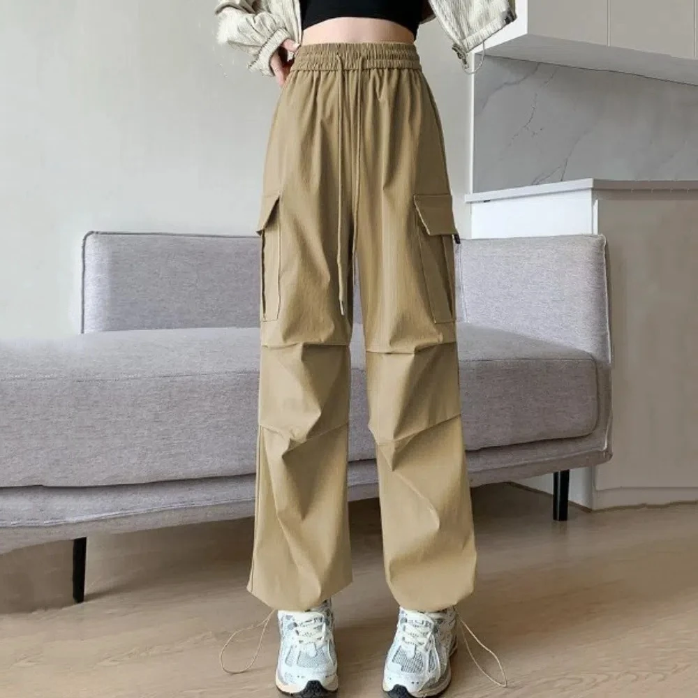 

Шикарные широкие свободные брюки Y2K, однотонные уличные брюки с высокой талией, прямые стильные повседневные брюки на шнурке, спортивные брюки