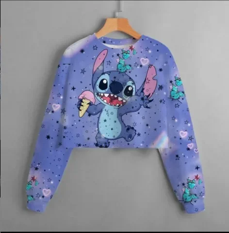 2024 New Disney Spring and Autumn Girls\' Short Sweatshirt Stitch Print Pullover Casual Cartoon Girls\' Dress Top