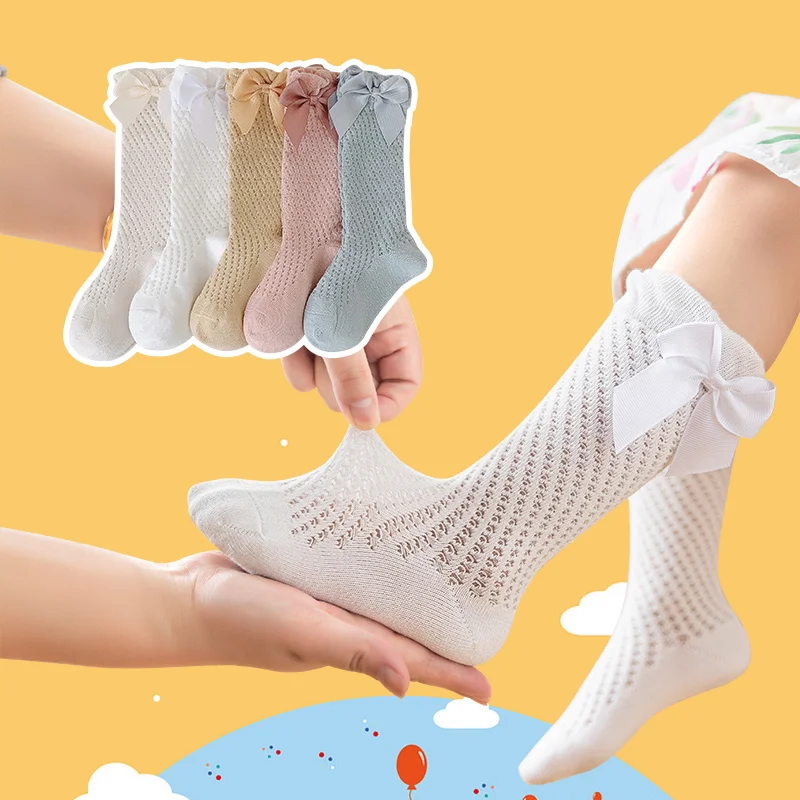 Summer Cotton Mesh Bow Long Socks Thin Breathable Baby Girls Stockings 0-1years