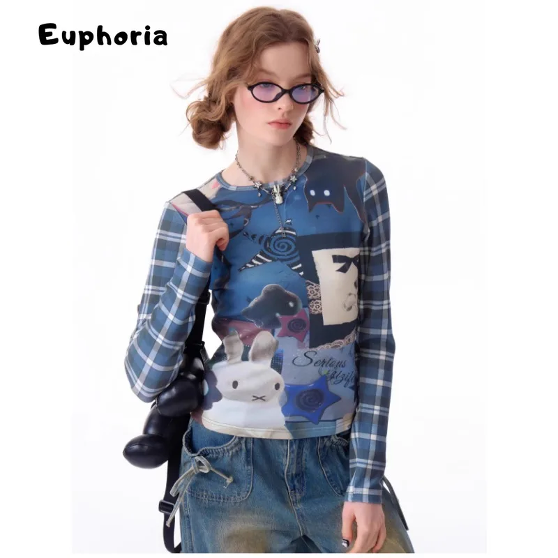تي شيرت Euphoria Y2K غير رسمي منقوش بأكمام طويلة ورقبة مستديرة تي شيرت نسائي صيفي موضة 2000S تي شيرت علوي