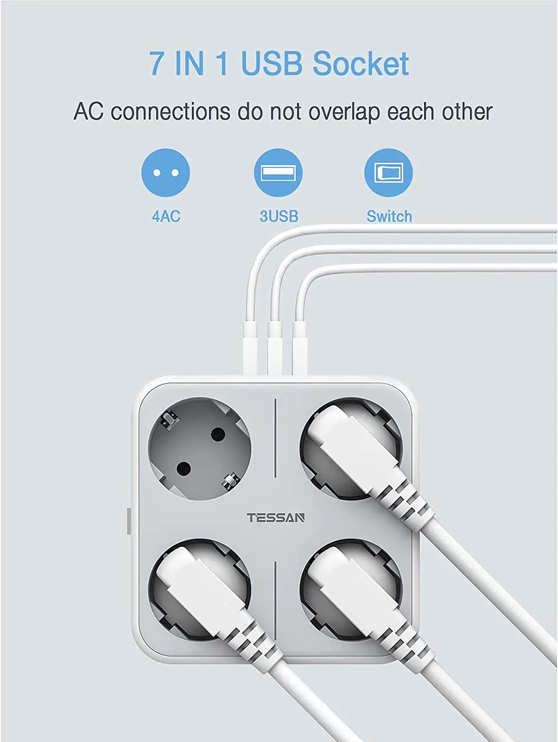 TESSAN Multi Outlets Power Stirp with Outlet & USB Ports, EU KR Plug Wall Socket Power Adapter with Overload Protection for Home