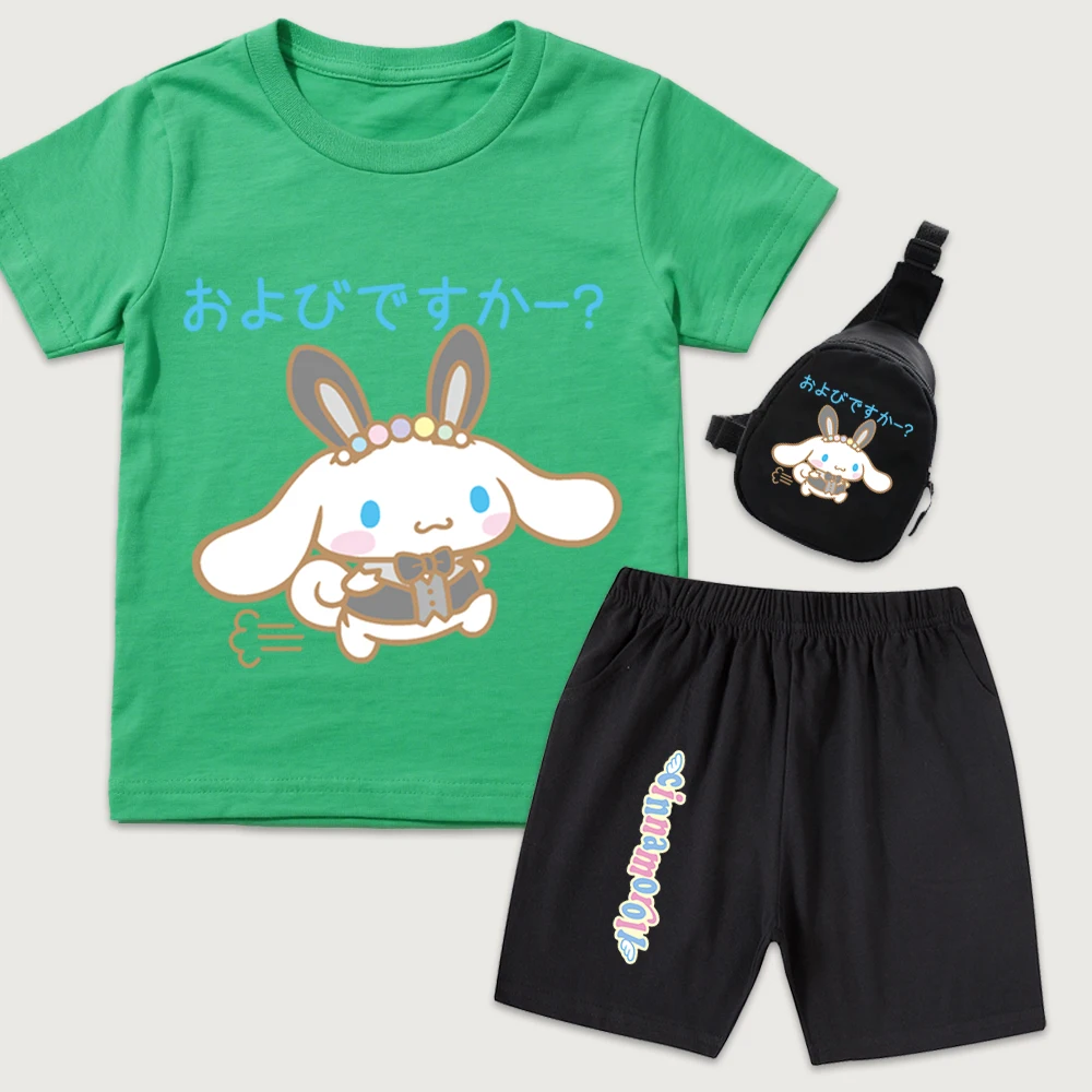 

Детская хлопковая футболка с принтом Cinnamoroll Happy Cleaning, шорты, мини-сумка на грудь, комплект из 3 предметов для мальчиков и девочек, летняя повседневная одежда