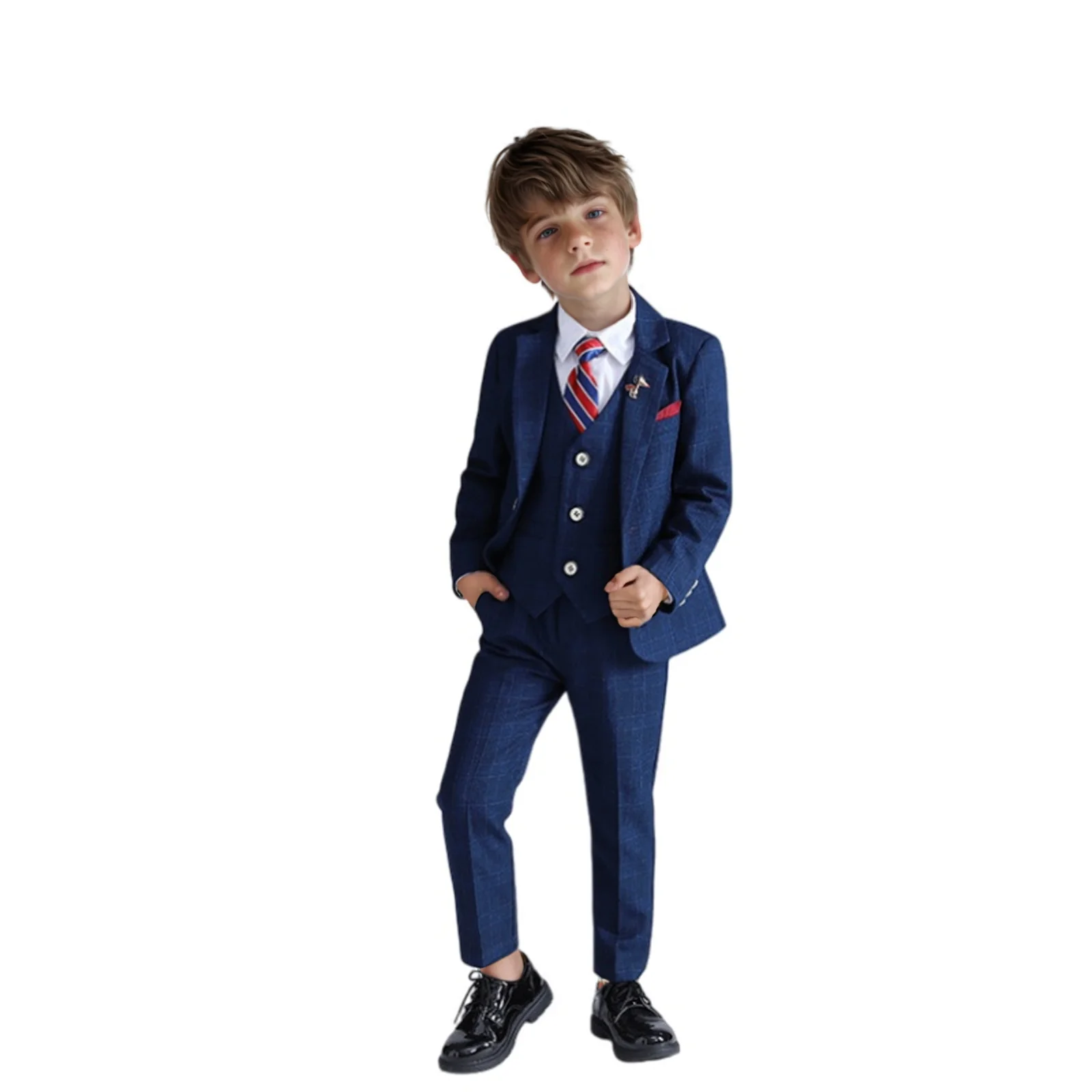 Flower Boys 5Pieces Blue Plaid Wedding Suit Set With Jacket Vest Pants Bowtie Brooch Kids Birthday Party Performance Costume