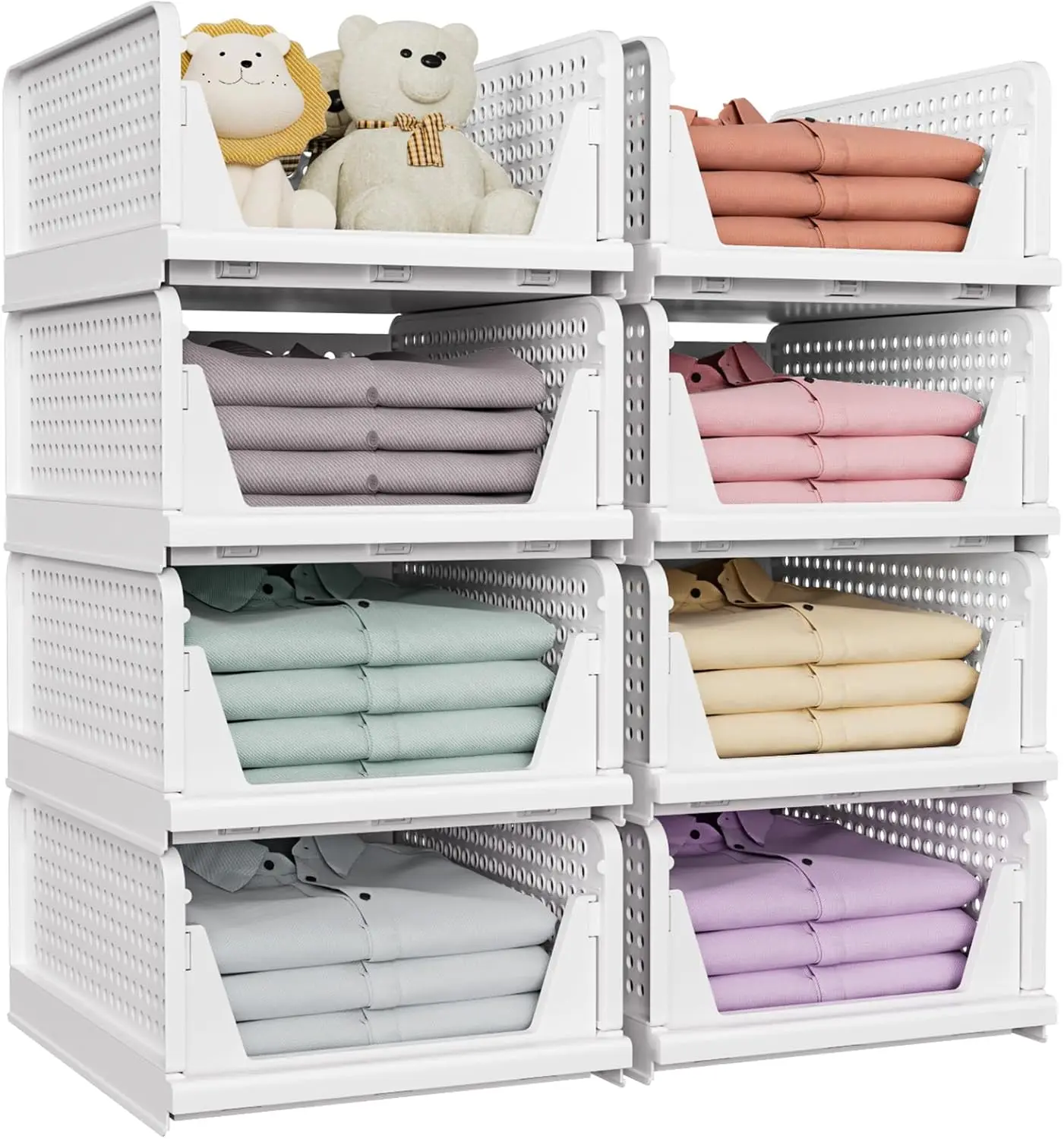 

8 Pack Stackable Closet Storage Bins, Foldable Organizers for Bathroom Kitchen Laundry Room, White Space-Saving Wardrobe