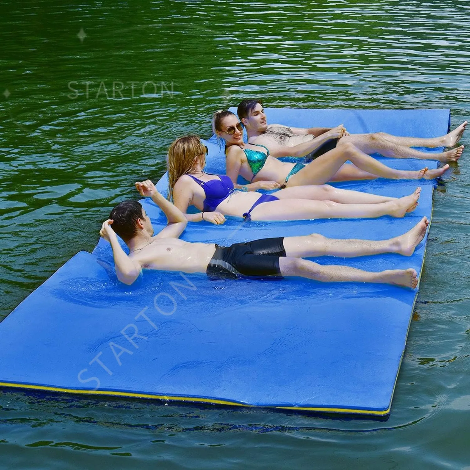 Floating Water Pad, 3-Layer Tear-Resistant XPE Foam Mat, with Mooring Device and Hook-Loop Straps Roll-Up