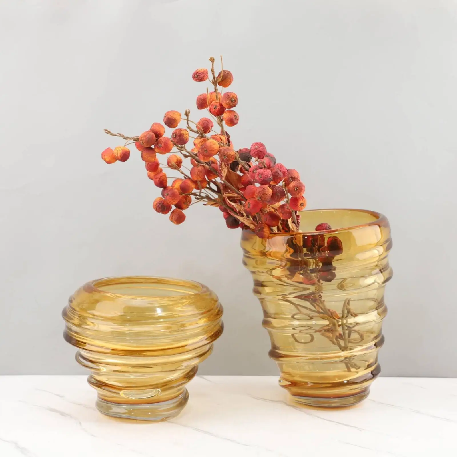 Wavy Ribbed Vase Tapered Base Warm-Toned Glass Vase Semitransparent