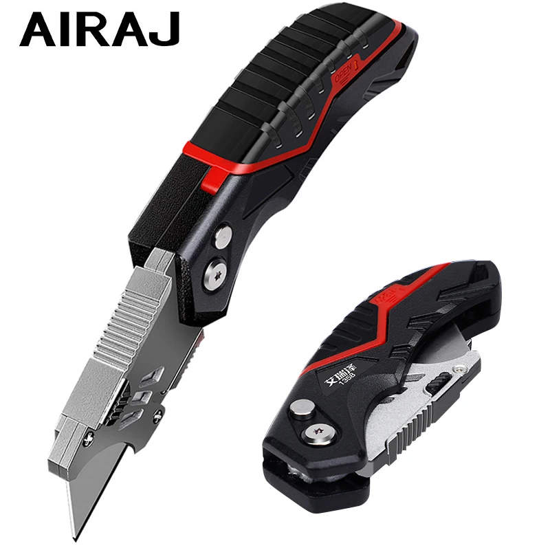 AIRAJ Folding Utility Knife Quick-cutting Box Cutter, Blade Storage in Handle with 4 Extra Blade Included