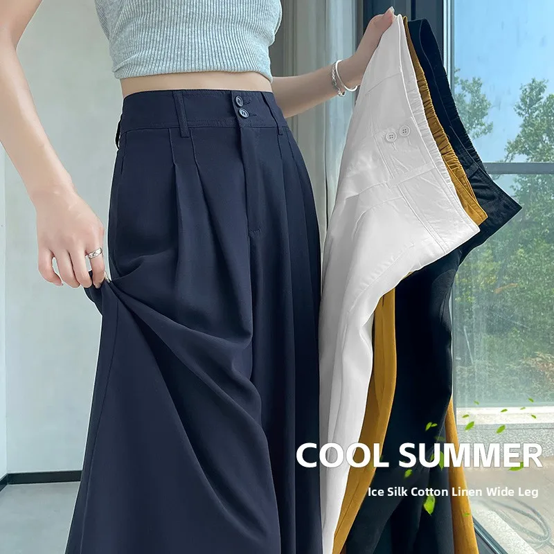 

High Waist Wide Leg Pants Women's Summer Thin Linen Drape Casual Pants Ice Silk Cotton Linen Loose Straight Suit Pants