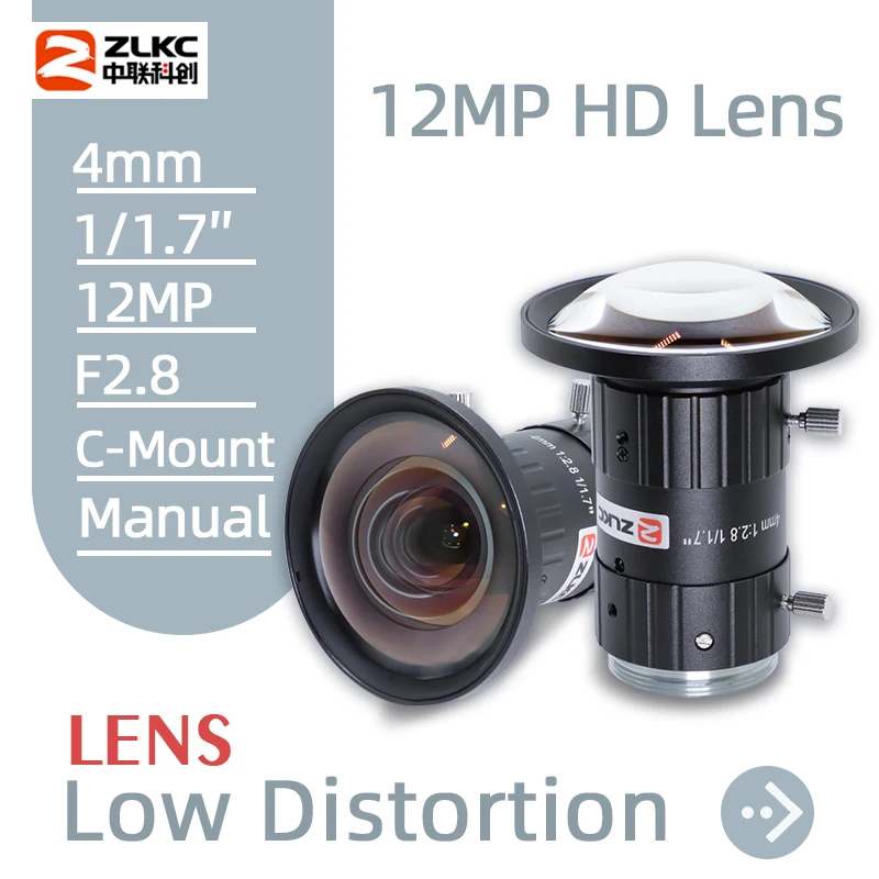 

ZLKC 4mm Lens 1/1.7 Inch Wide-angle Lens 12MP C Mount Low Distortion IMX226 CMOS CCD Camera F2.8 for Machine Vision Cameras