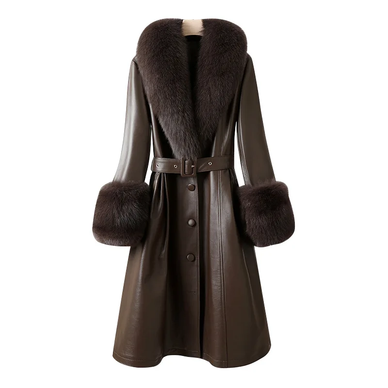 2025 herbst Winter Lange Echt Leder Trenchcoat für Frauen Mode Natürliche Fuchs Pelz Kragen & Manschette Dame Schlank Warme Schaffell mantel