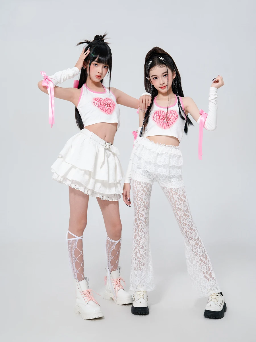 

2025 Ballroom Hip Hop Dance Costumes For Girls White Kpop Outfits Children Jazz Performance Show Stage Rave Clothing DQS19946