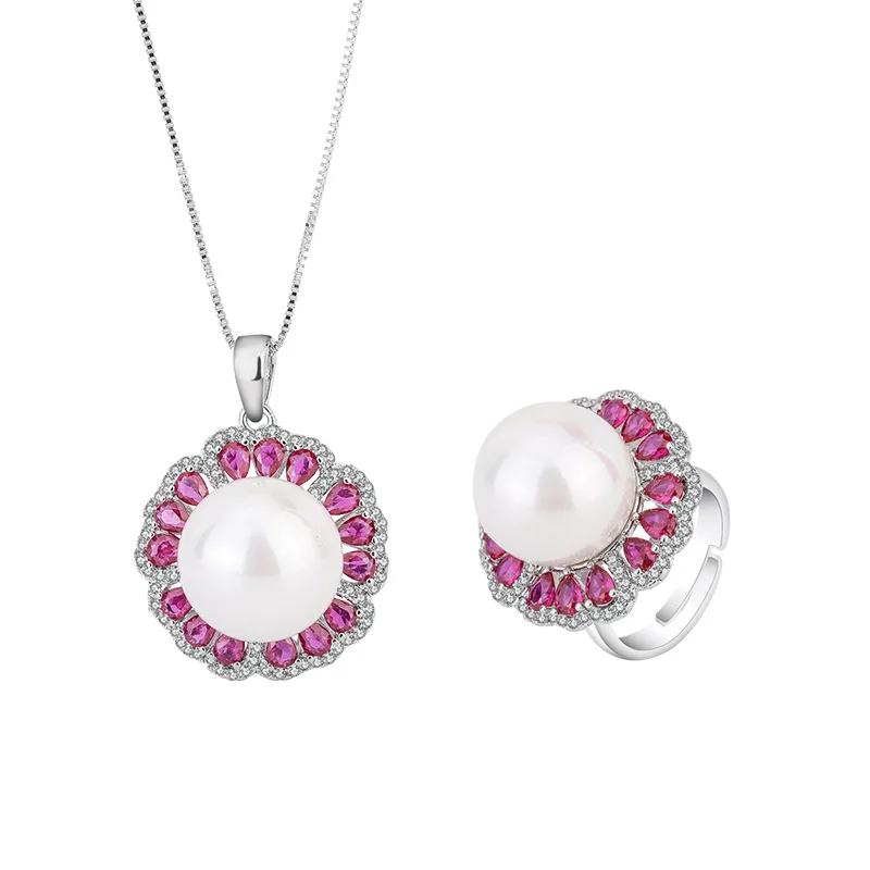 Jewelry Inlaid with White Shell Pearl Light Flower Stamen Women's Fashion Ring Pendant Set Wholesale Beads 16mm