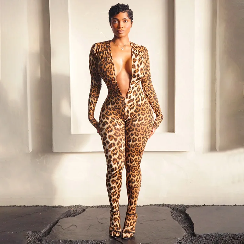 أنيق سيدة ليوبارد مطبوعة القدمين حللا 2025 الخريف المرأة طويلة الأكمام العميق الخامس الرقبة Bodycon نادي حفلة قطعة واحدة وزرة #3