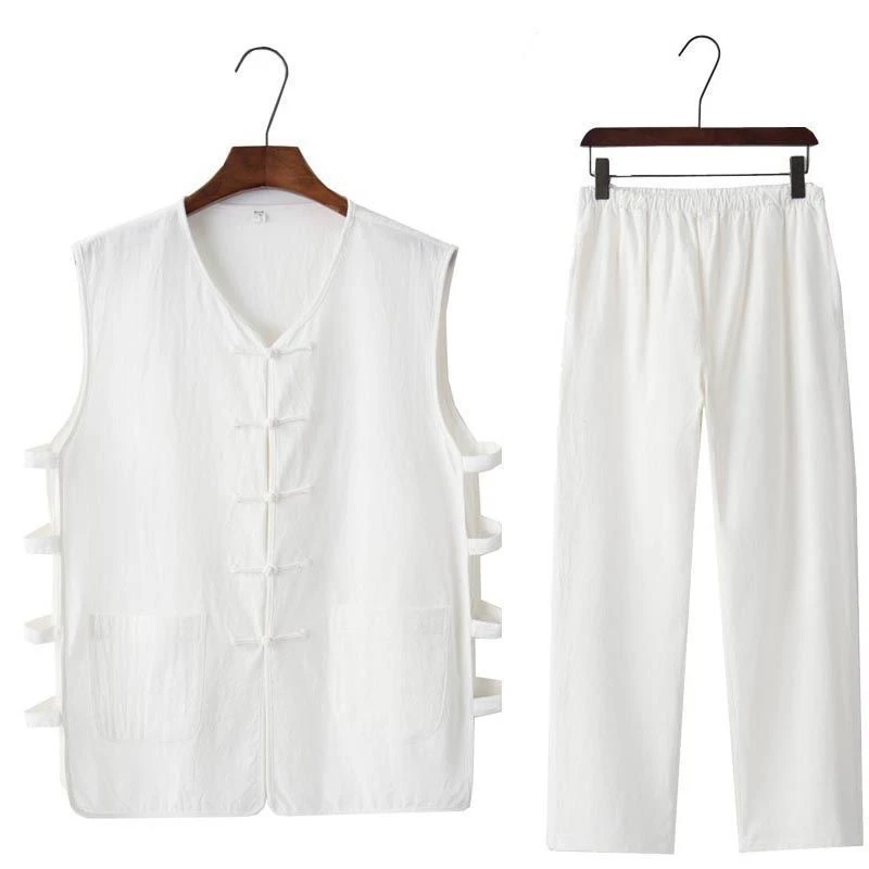 Summer Casual Lin Men's Sleeveless Vest Cotton Linen Retro Button Chinese Style Gown Old Man Shirt Mid-Year Leisure Scene