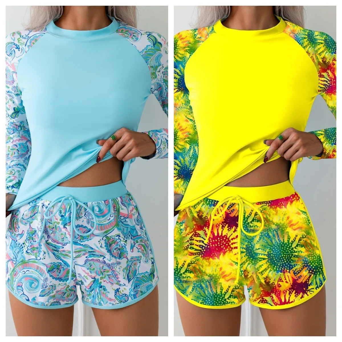 Women's Swimwear Tankini Long Sleeve Crop Tankini Top High Waist Shorts Swim Tank Round Neck Two Piece Swimsuit Pastel Blue Set