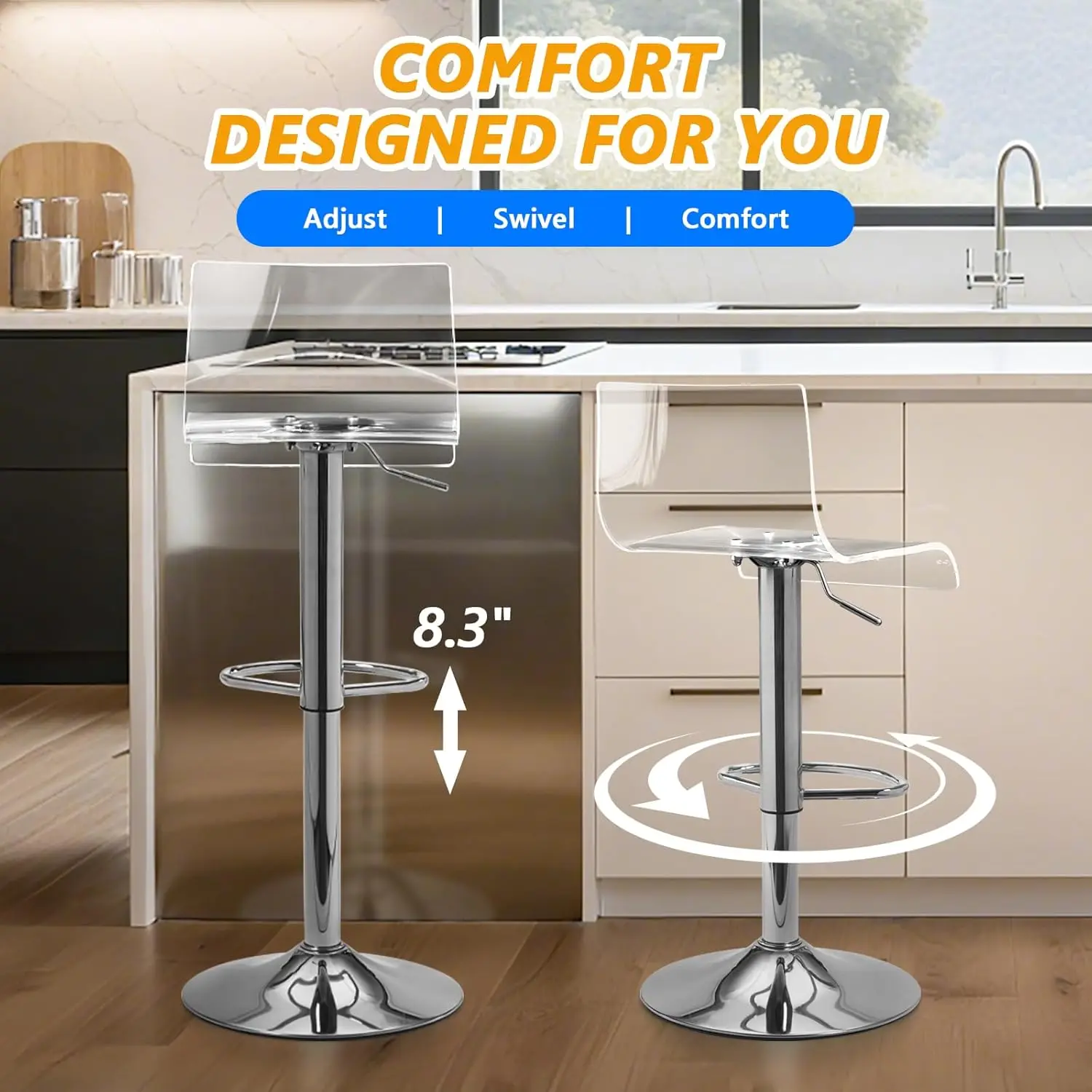Clear Acrylic Adjustable Swivel Bar Stools Set of 2 for Kitchen Dining Room, Customized