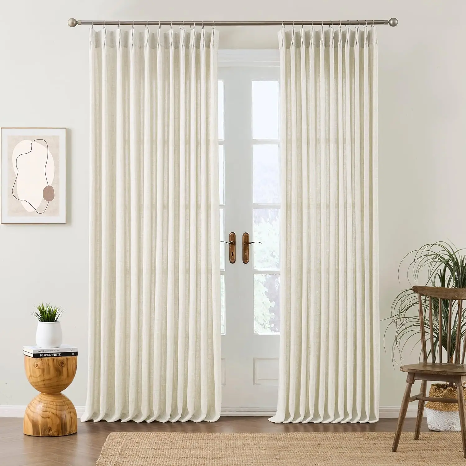 

Natural Pinch Pleated Curtains 90 Inches Long Set of 2, Linen Drapes Back Tab with Hooks,Light Filtering Window Curtain