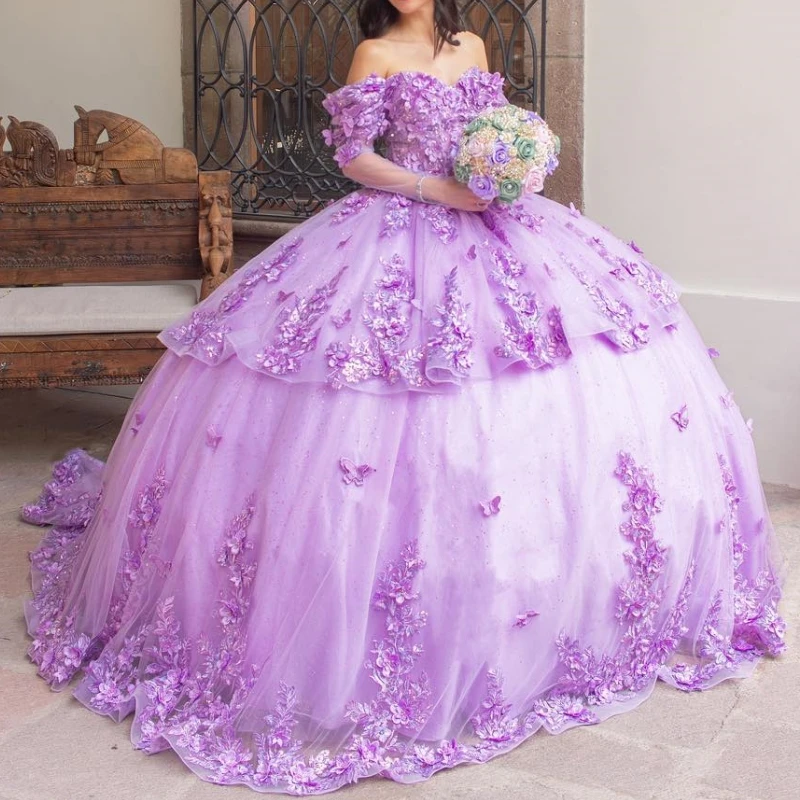 

Lilac Glitter Ball Gown Quinceanera Dresses Off The Shoulder Appliques Bow Beads Tull Sweet 16 Dress Vestidos De 15 Anos