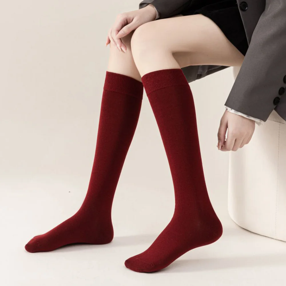 2 Pair Red Lower Leg Socks Women Fashionable Casual Solid Color Middle Tube Woman Socks Autumn Winter Long Soft Home Floor Socks