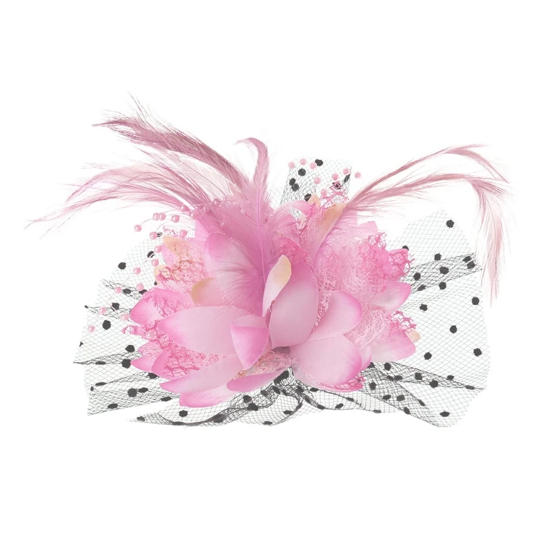 Fascinator Hats for Women Mesh Veil Flower Cap with Feather Pearl and Hair Clip Cocktail Tea Party Brooch Pin Headwear