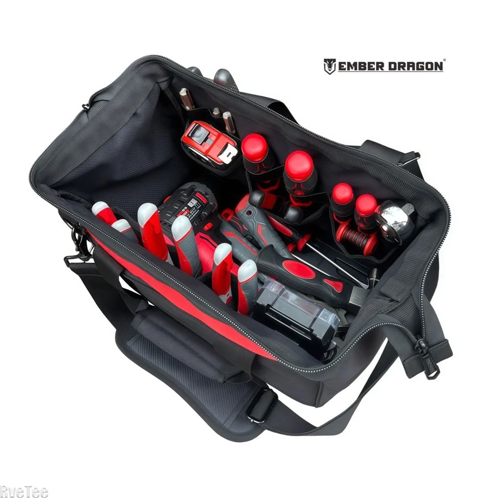 EMBER DRAGON 12in Plastic Bottom High Quality Tool Bag with Multiple Pockets Shoulder Strap for Electrician Tool